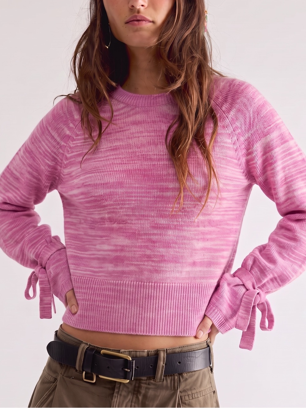 J. Crew Collection Women's Sz S Marled Pink Tie-Sleeve Wool Alpaca Crew sweater